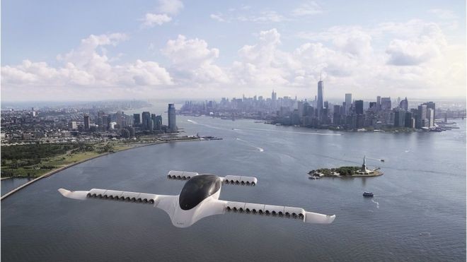 BBC: Ilustração de um avião Lilium voando perto de Nova York (Foto: LILIUM VIA BBC)