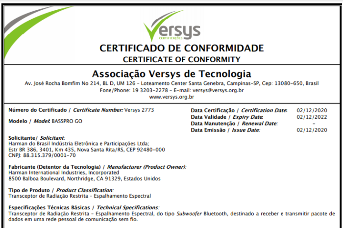 Certificado do JBL BassPro Go na Anatel 