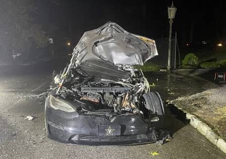 Carro Tesla após pegar fogo