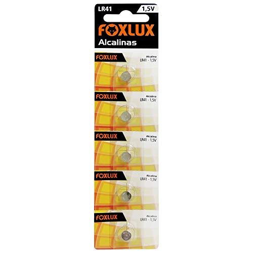 Bateria Alcalina Foxlux – LR41 – 1,5V – Cartela com 5 unidades – Ideal para controles de portas, alarmes de carro, brinquedos e aparelhos auditivos