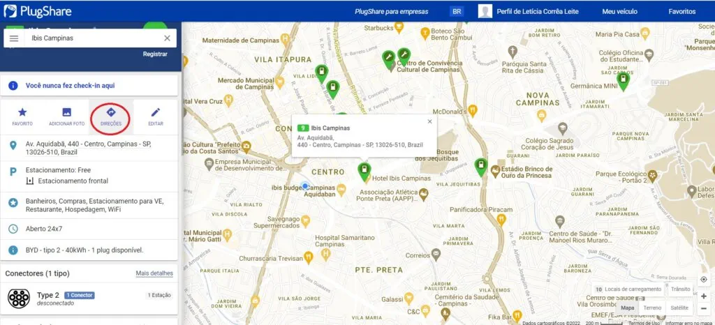 Plugshare provê direções até a estação de carregamento escolhida