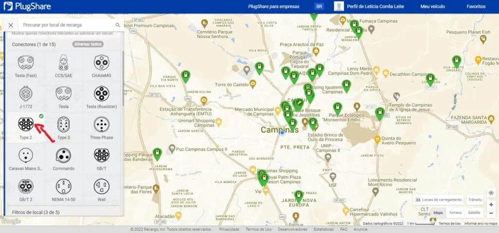 Filtros para encontrar pontos compatíveis com o seu carro