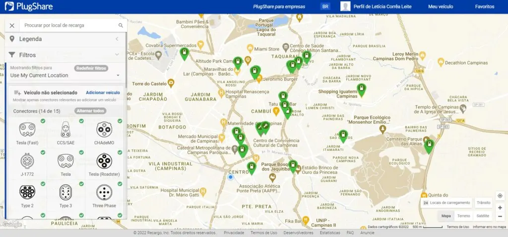 Mapa do plugshare apontando as estações de carregamento próximas à localização do motorista